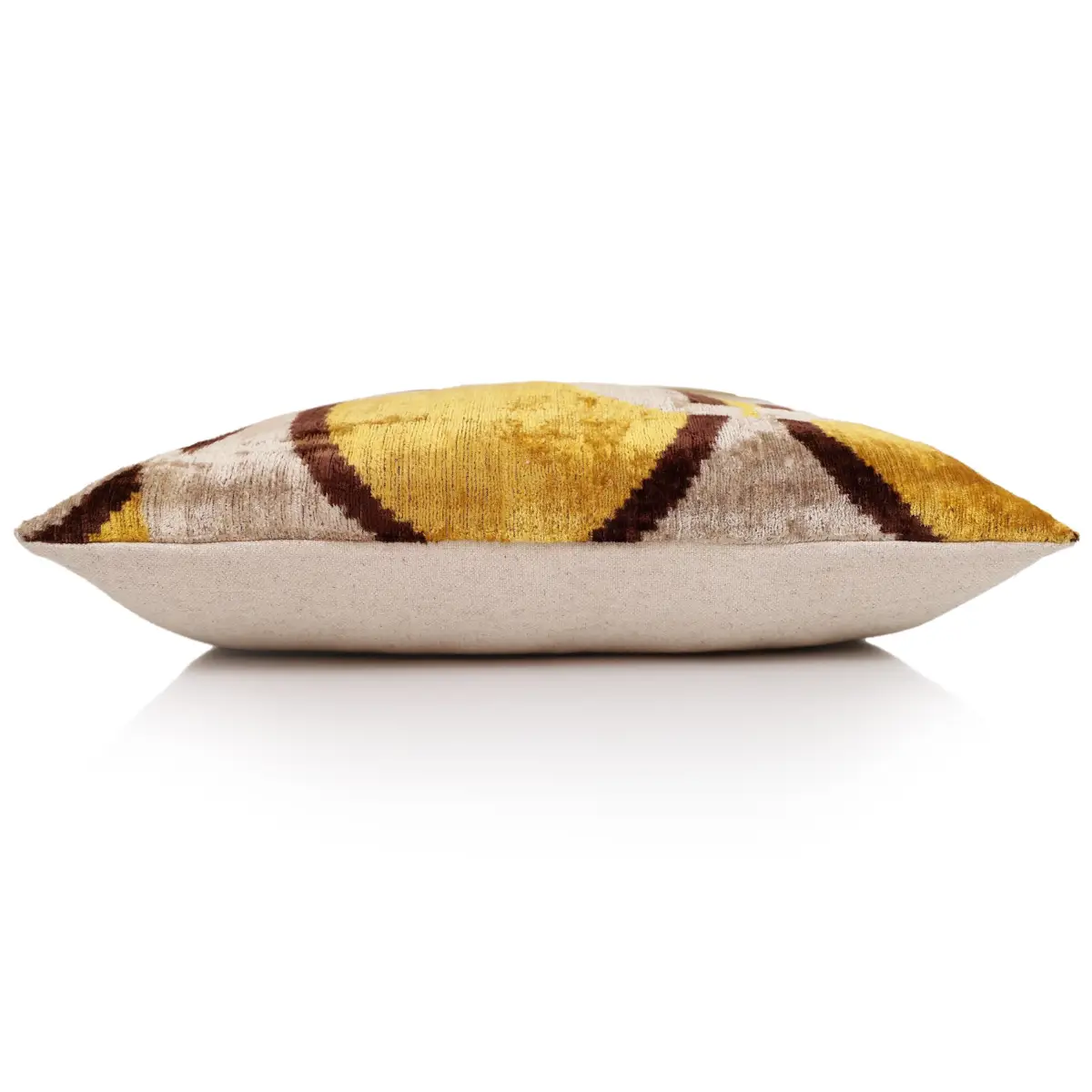 Luxury Silk Velvet Ikat Lumbar Pillow - Mustard Cream and Chocolate - 16x24 Inch with Down Insert - Canvello