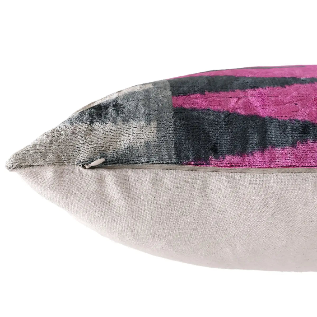 Luxury Silk Velvet Ikat Lumbar Pillow - Pink Charcoal and Natural - 16x24 Inch with Down Insert - Canvello