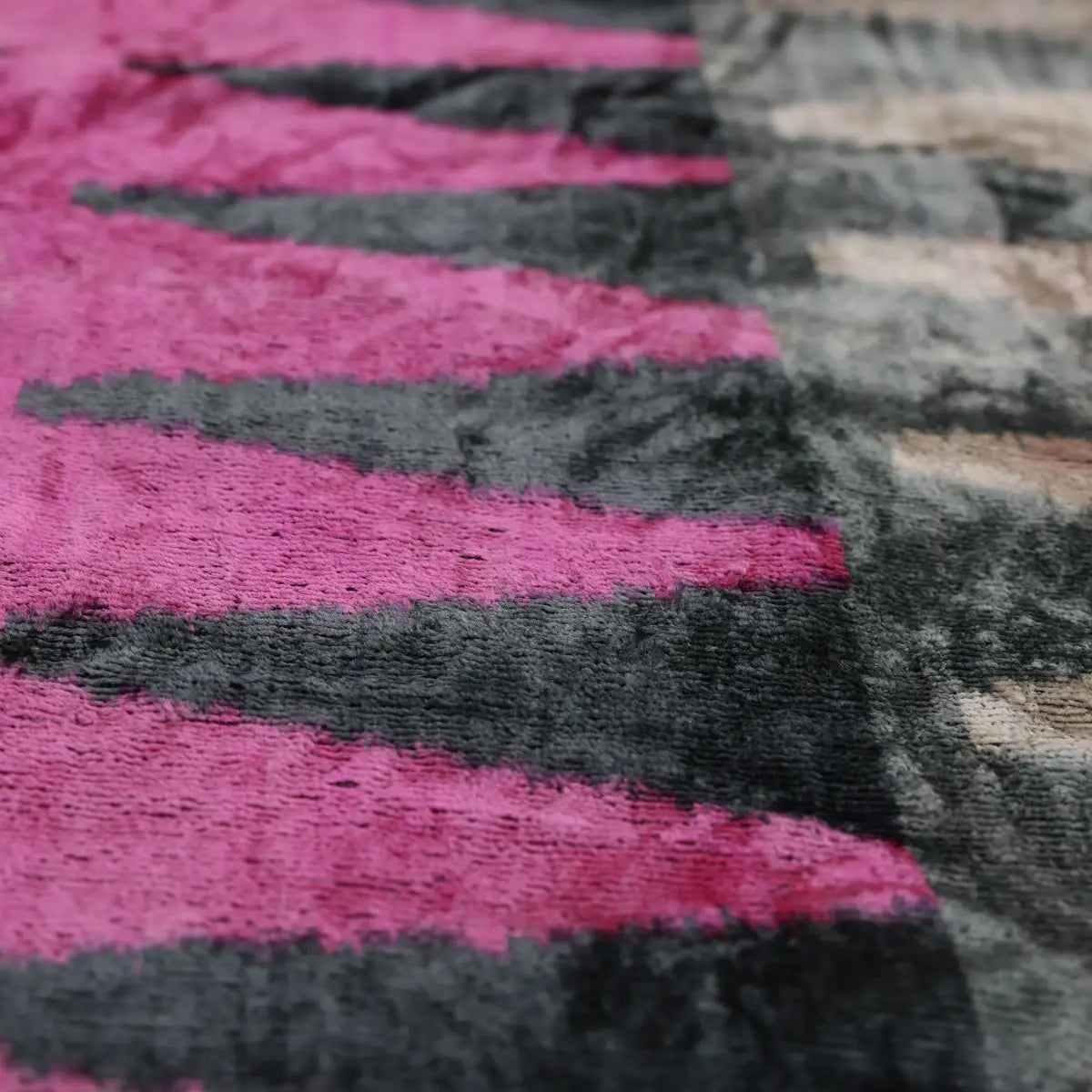 Luxury Silk Velvet Ikat Lumbar Pillow - Pink Charcoal and Natural - 16x24 Inch with Down Insert - Canvello