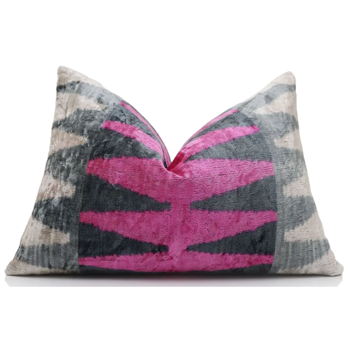Luxury Silk Velvet Ikat Lumbar Pillow - Pink Charcoal and Natural - 16x24 Inch with Down Insert - Canvello