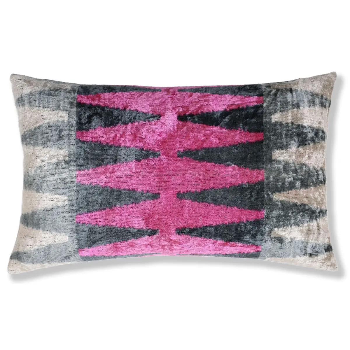 Luxury Silk Velvet Ikat Lumbar Pillow - Pink Charcoal and Natural - 16x24 Inch with Down Insert - Canvello
