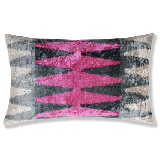 Luxury Silk Velvet Ikat Lumbar Pillow - Pink Charcoal and Natural - 16x24 Inch with Down Insert - Canvello