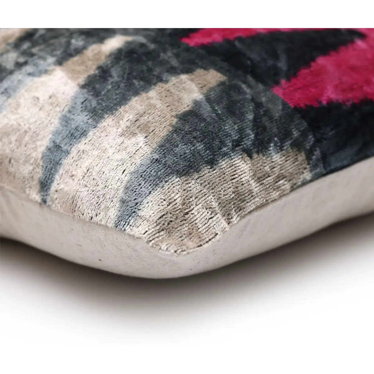 Luxury Silk Velvet Ikat Lumbar Pillow - Pink Charcoal and Natural - 16x24 Inch with Down Insert - Canvello