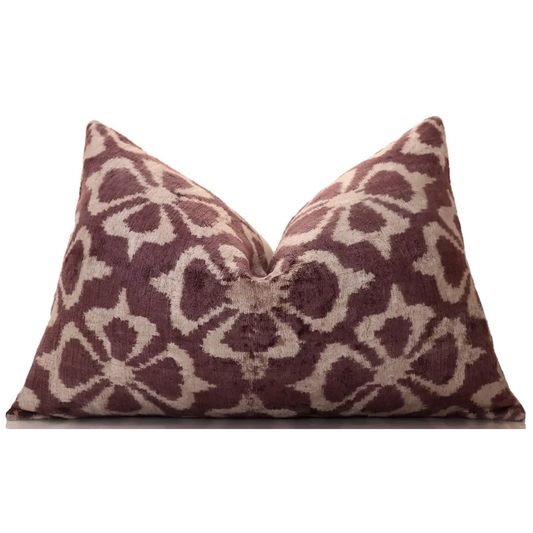 Luxury Silk Velvet Ikat Pillow - Mulberry and Cream - 16x24 Inch - Down Feather Insert - Canvello