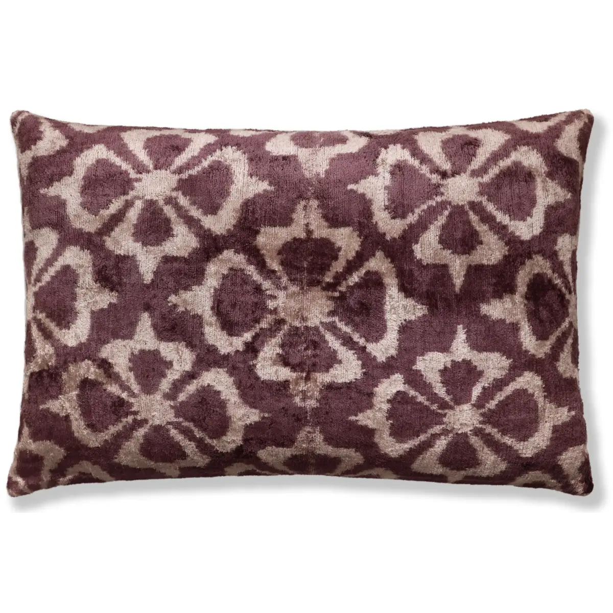 Luxury Silk Velvet Ikat Pillow - Mulberry and Cream - 16x24 Inch - Down Feather Insert - Canvello