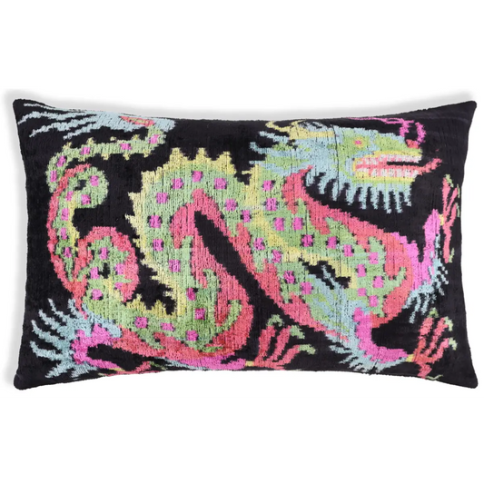Luxury Silk Velvet Pillow 16x24 – Handmade Black Dragon Lumbar Cushion with Vibrant Colors - Canvello