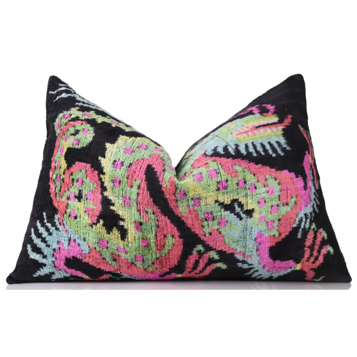 Luxury Silk Velvet Pillow 16x24 – Handmade Black Dragon Lumbar Cushion with Vibrant Colors - Canvello