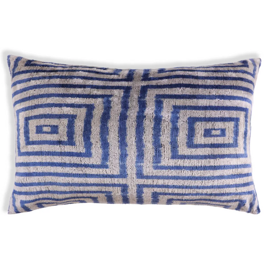 Luxury Silk Velvet Pillow 16x24 – Handmade Blue Geometric Square Lumbar Cushion - Canvello