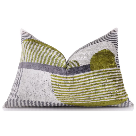 Luxury Silk Velvet Pillow 16x24 – Handmade Green & Gray Geometric Lumbar Cushion - Canvello
