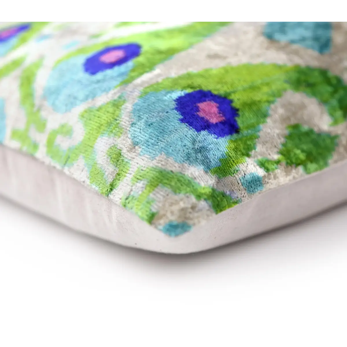 Luxury Silk Velvet Pillow 16x24 – Handmade Green & Turquoise Ikat Lumbar Cushion - Canvello