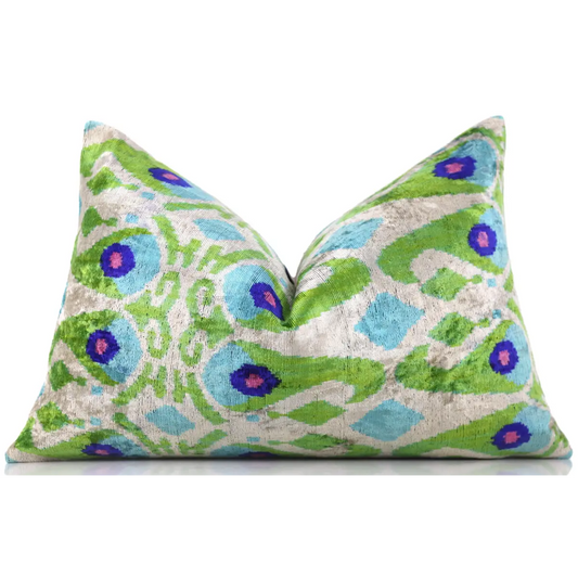 Luxury Silk Velvet Pillow 16x24 – Handmade Green & Turquoise Ikat Lumbar Cushion - Canvello