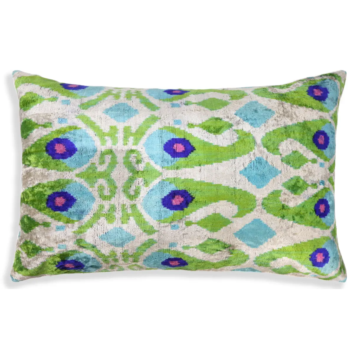 Luxury Silk Velvet Pillow 16x24 – Handmade Green & Turquoise Ikat Lumbar Cushion - Canvello