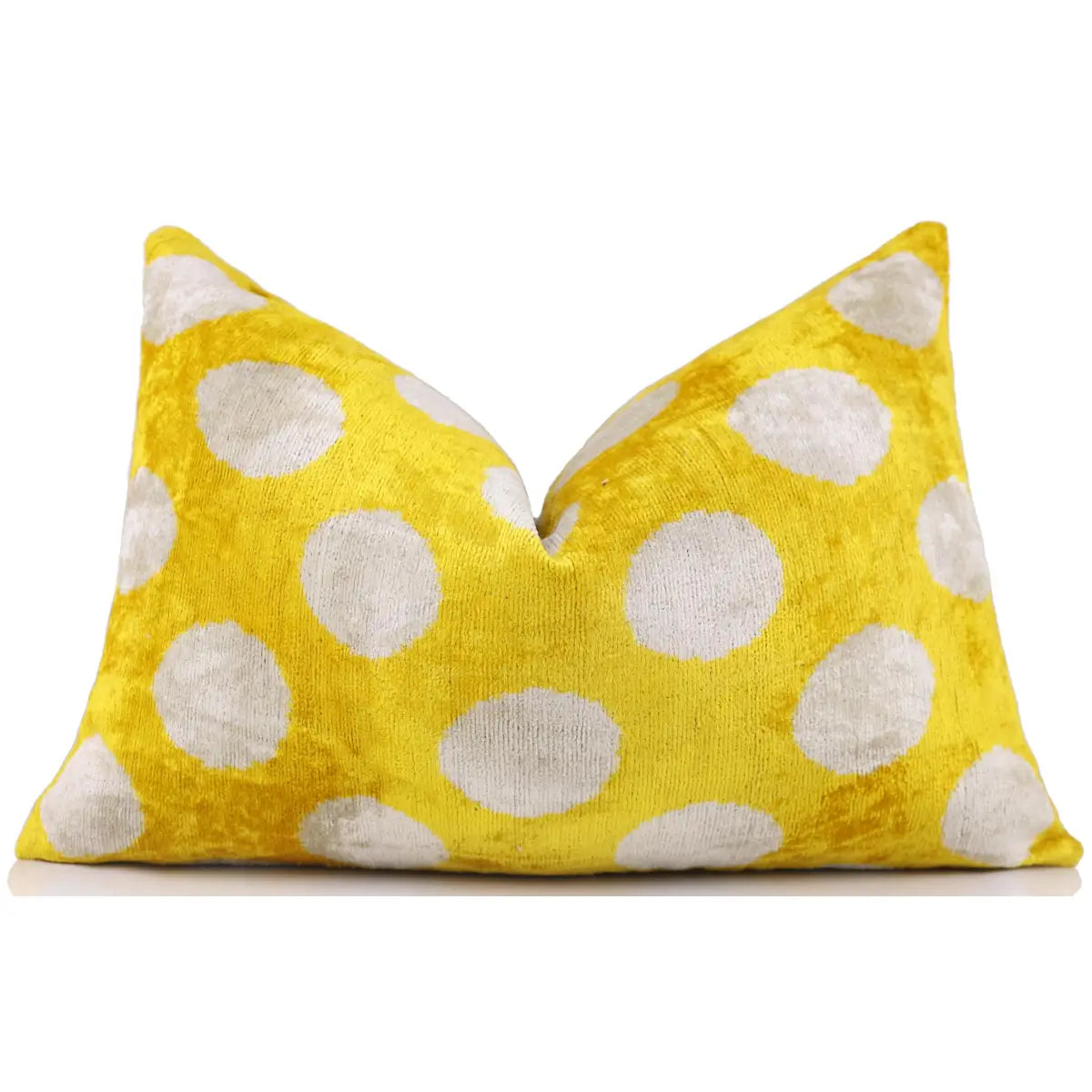 Luxury Silk Velvet Pillow 16x24 – Handmade Yellow Polka Dot Lumbar Cushion - Canvello