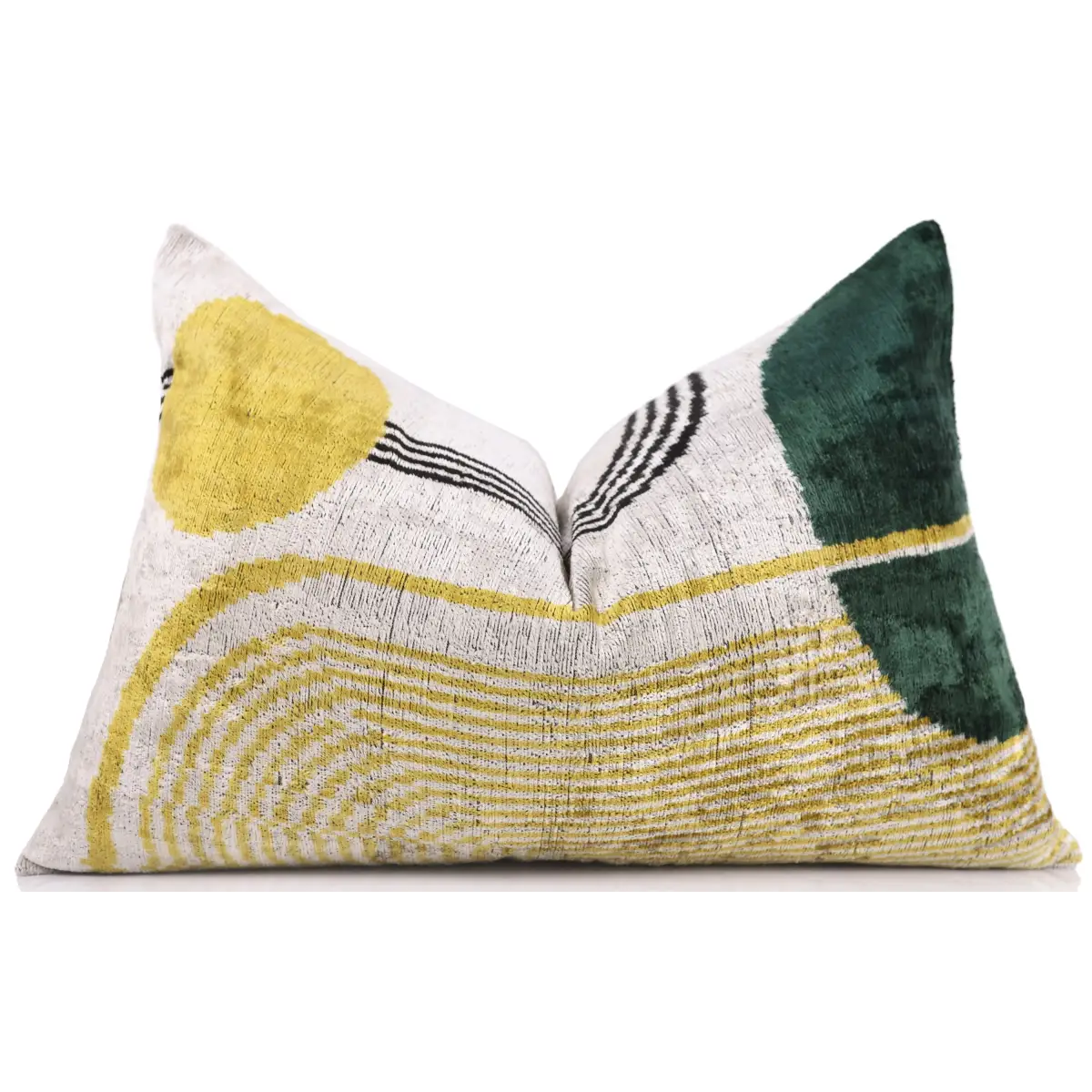 Luxury Silk Velvet Pillow – Handmade Modern Geometric Lumbar Cushion - 16x24 - Yellow & Green - Canvello