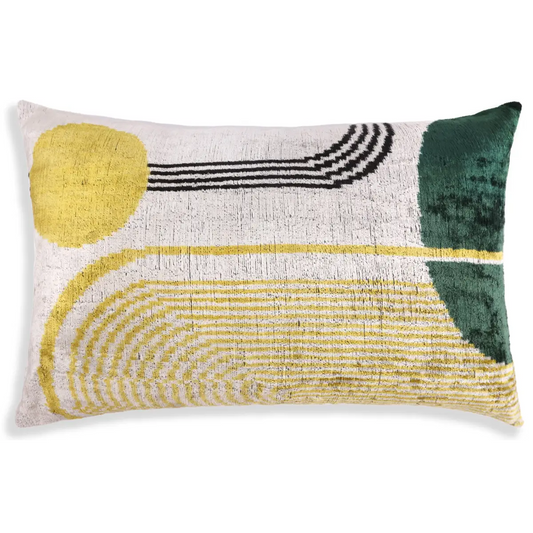 Luxury Silk Velvet Pillow – Handmade Modern Geometric Lumbar Cushion - 16x24 - Yellow & Green - Canvello