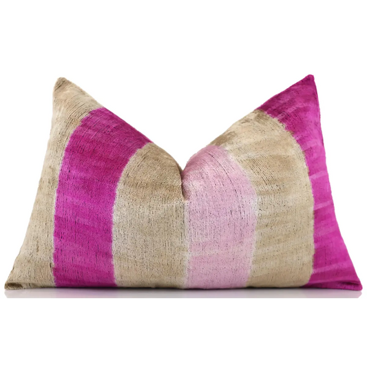 Luxury Silk Velvet Striped Throw Pillow 16x24 – Pink & Beige Handmade - Canvello