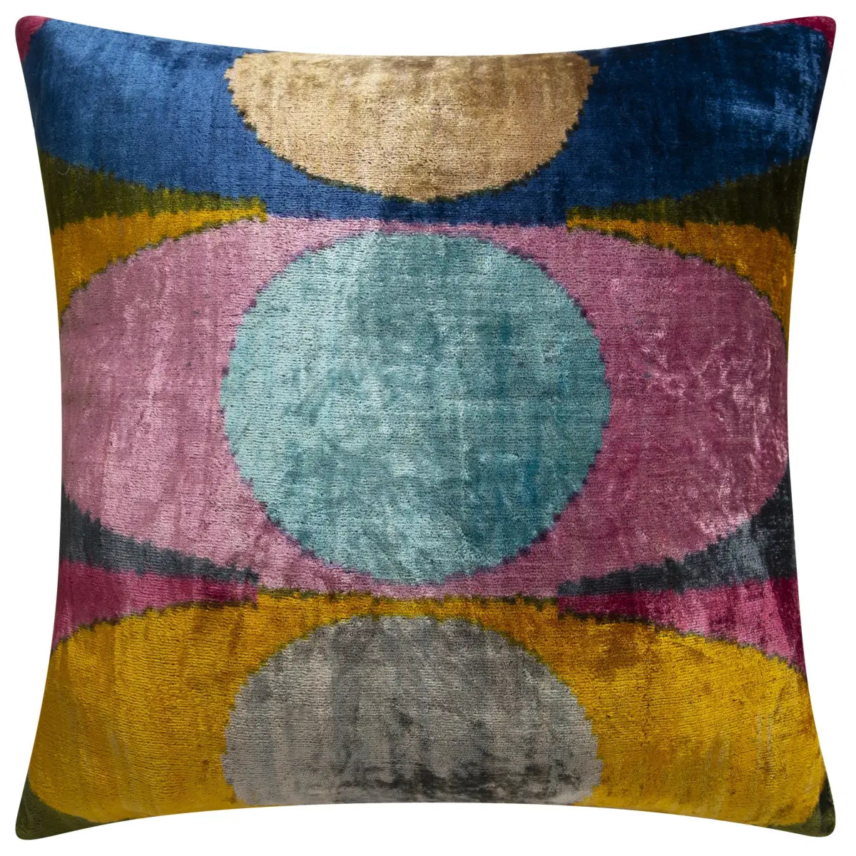Luxury Silk Velvet Throw Pillow - Yellow Teal Pink & Navy MCM Geometric Square 20x20’’ - Canvello