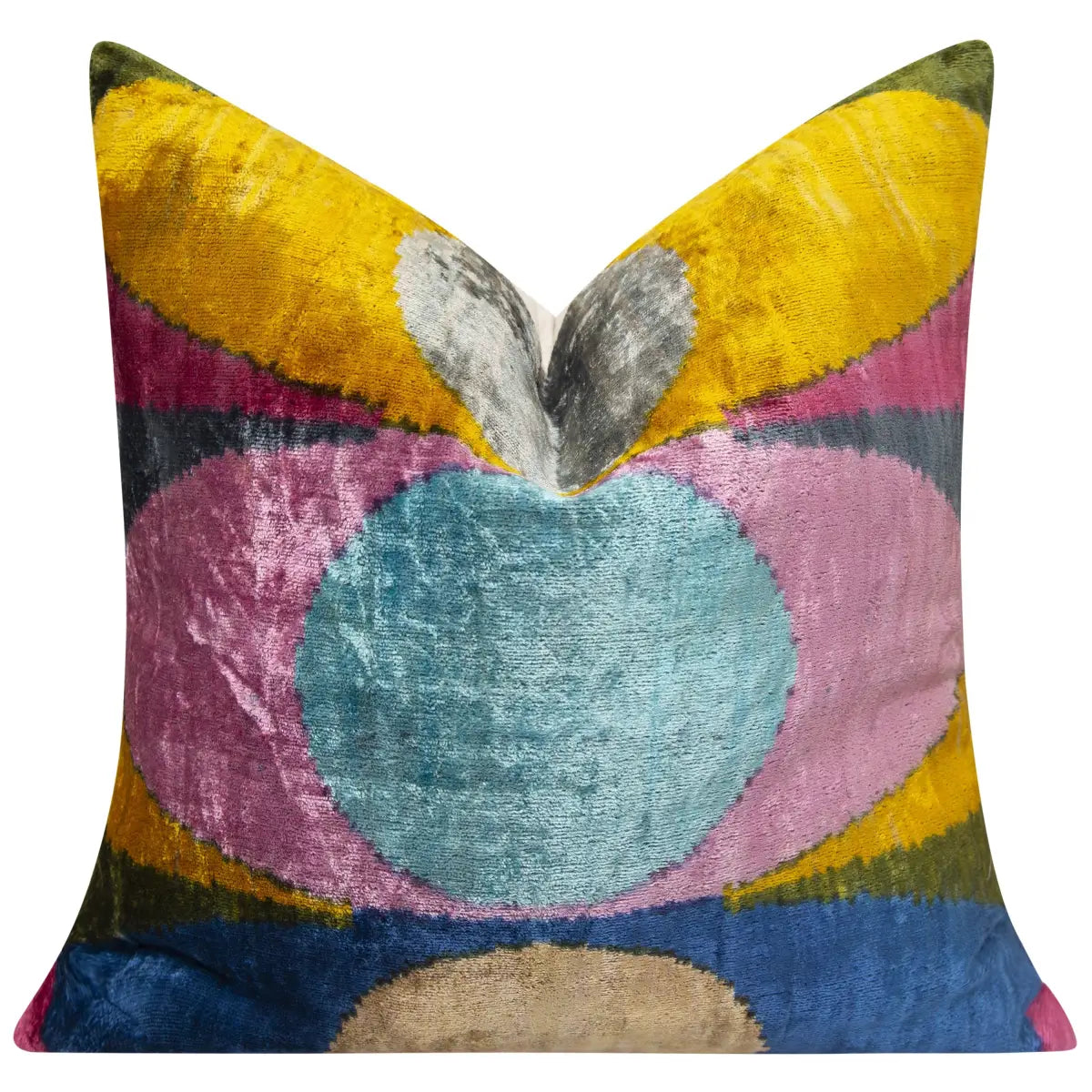 Luxury Silk Velvet Throw Pillow - Yellow Teal Pink & Navy MCM Geometric Square 20x20’’ - Canvello
