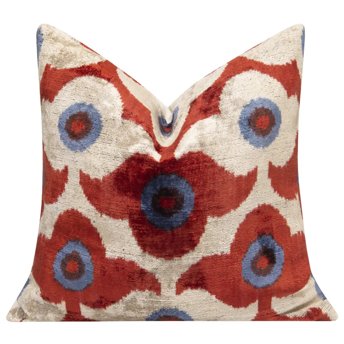 Luxury Silk Velvet Throw Pillow - Rust Red Blue & Ivory Floral Square 16x16’’ - Canvello