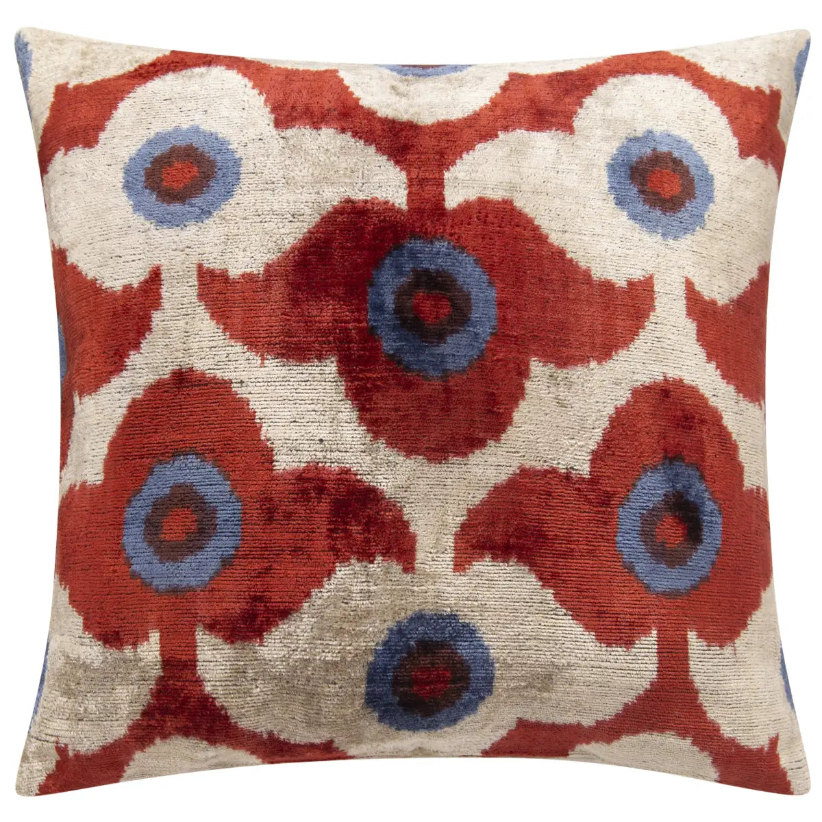 Luxury Silk Velvet Throw Pillow - Rust Red Blue & Ivory Floral Square 16x16’’ - Canvello