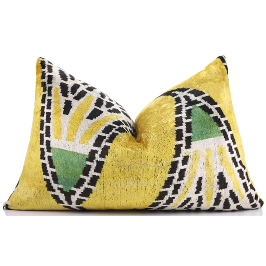 Luxury Yellow Silk Velvet Throw Pillow 16x24 – Handmade Geometric Designer Lumbar - Canvello