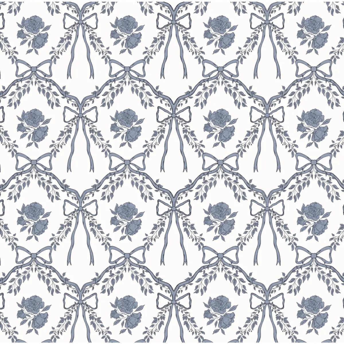 Lysa Wallpaper - Bows and Flowers - by Painted Hawk Design - Sample 1 foot by 1 foot / White and Blue - Loomwell Home