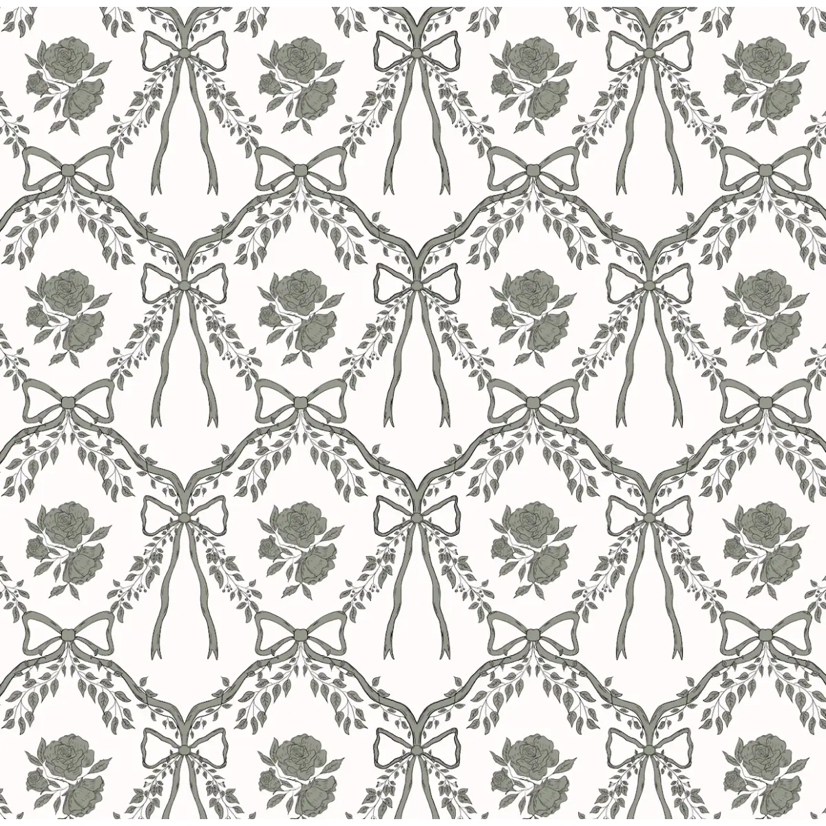 Lysa Wallpaper - Bows and Flowers - by Painted Hawk Design - Sample 1 foot by 1 foot / White and Green - Loomwell Home