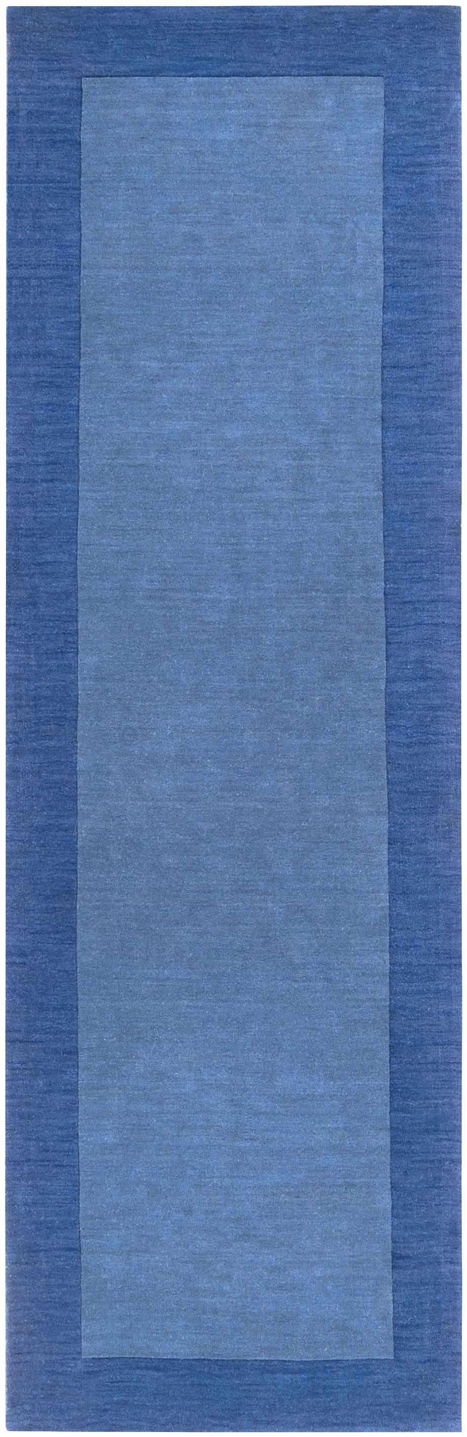 Solid Blue Bordered Wool Rug - 2’6’’ x 8’ Runner - Boutique Rugs