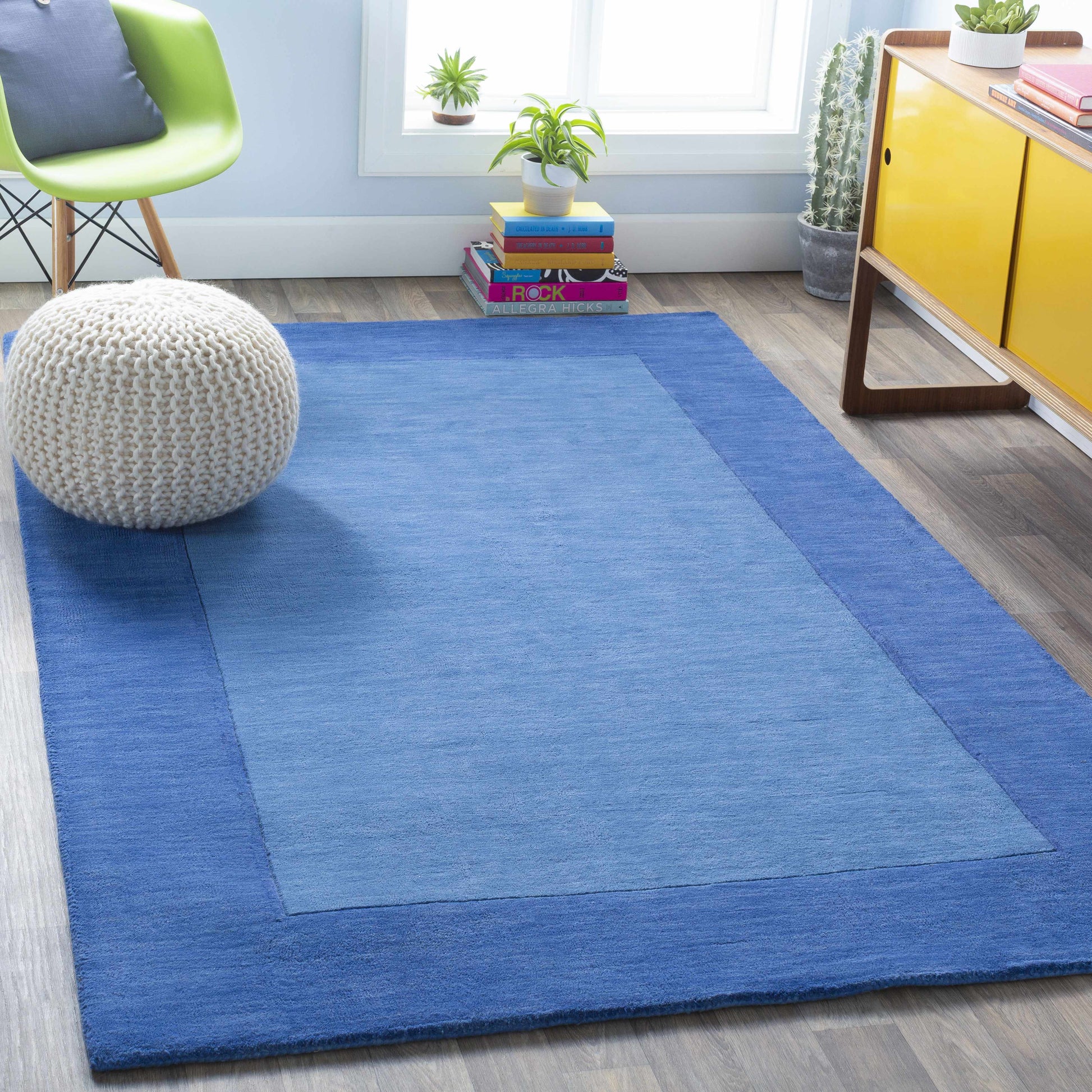Solid Blue Bordered Wool Rug - Boutique Rugs