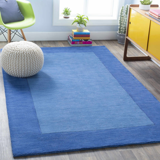 Solid Blue Bordered Wool Rug - Boutique Rugs