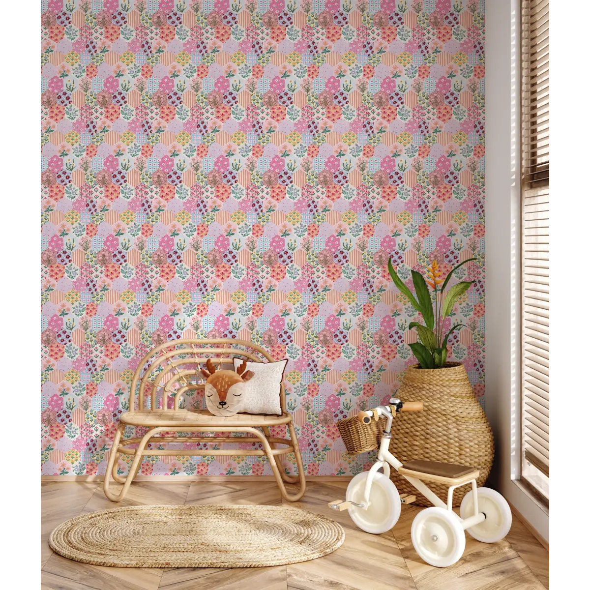 Maelia Wallpaper - Patchwork Quilt Flowers - by Sabina Maria - Loomwell Home Goods