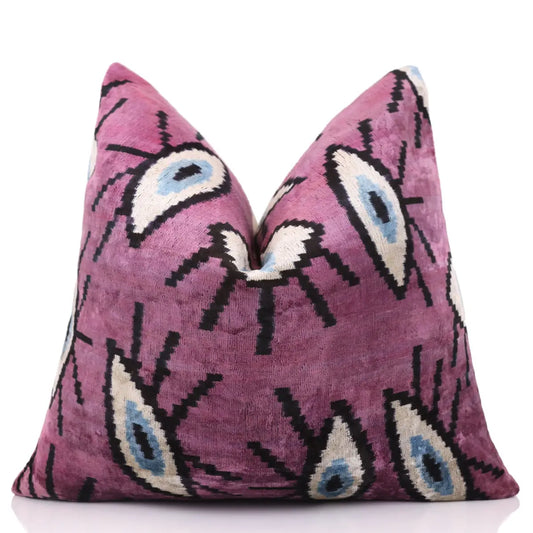 Magenta Blue Eye Silk Velvet Pillow – 20x20 Handmade Ikat Throw Cushion - Canvello