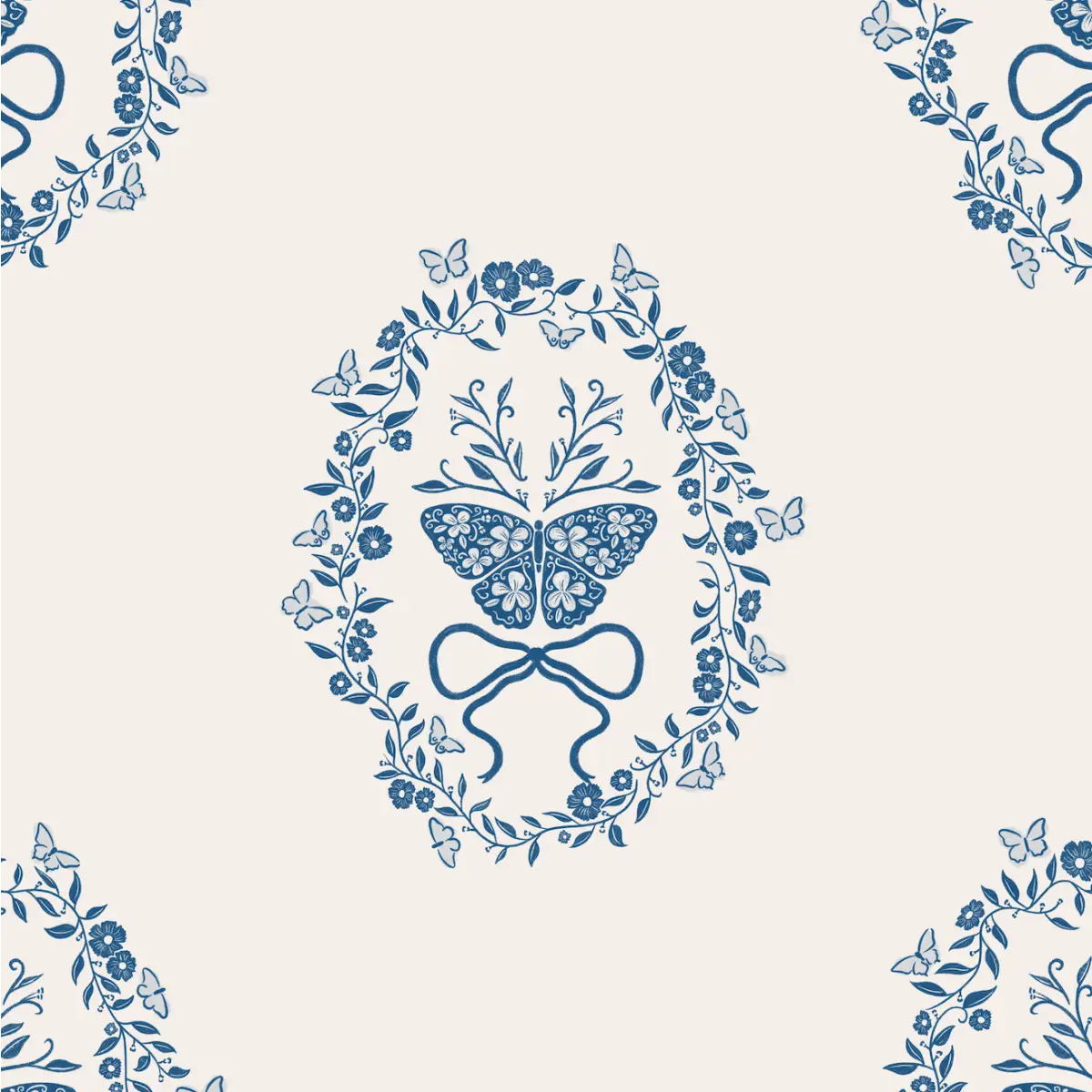 Mallory Wallpaper - Butterflies in Oval Frame - by The Beau Studio - Sample 1 foot by 1 foot / Blue - Loomwell Home