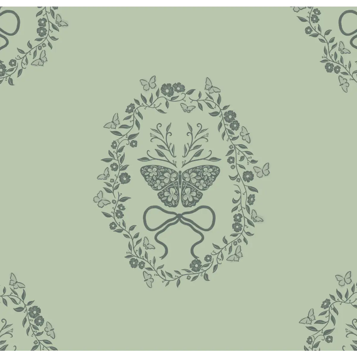 Mallory Wallpaper - Butterflies in Oval Frame - by The Beau Studio - Sample 1 foot by 1 foot / Green - Loomwell Home