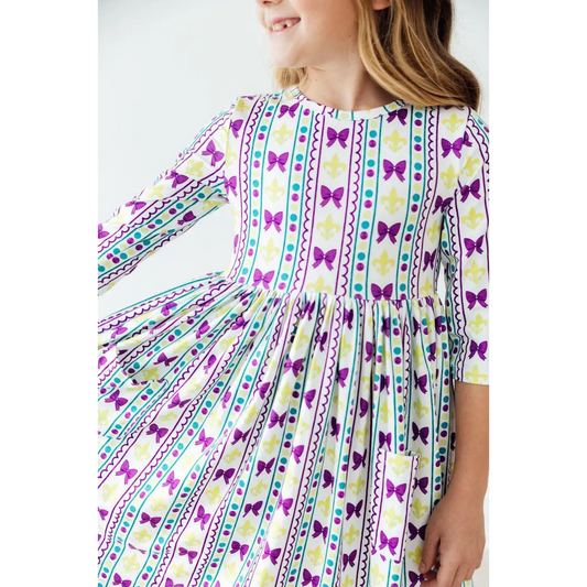 Pocket Twirl Dress - Mardi Gras Bows - 6-12M - Mila & Rose ®