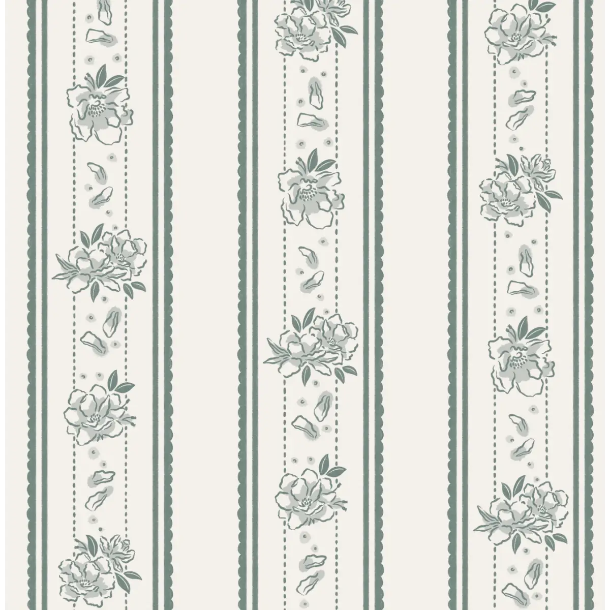 Marigold Wallpaper - Floral Cottage Stripe - by The Beau Studio - Sample 1 foot by 1 foot / Green - Loomwell Home Goods
