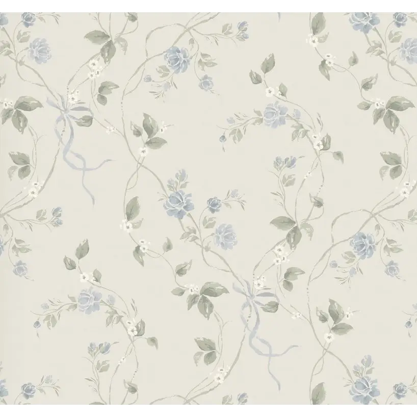 Marilyn Wallpaper - Romantic Flower Vines - by Katie Burt Art - 2 feet by 12 feet / Cream and Blue / Large - Loomwell