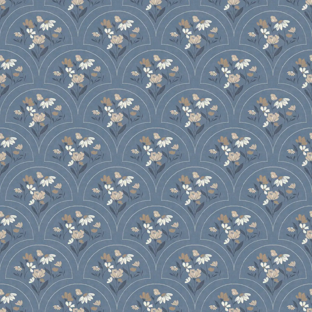 Marlee Wallpaper - Floral Scallops on Blue - by Kathryn Therese - Sample 1 foot by 1 foot - Loomwell Home Goods