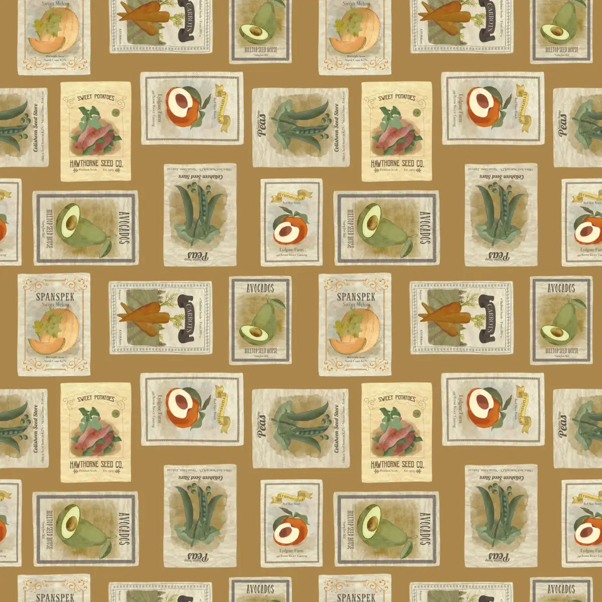 Martha Wallpaper - Vegetable Seed Packets - by Cinnamon Clouds - Sample 1 foot by 1 foot / Dark Neutral / Large