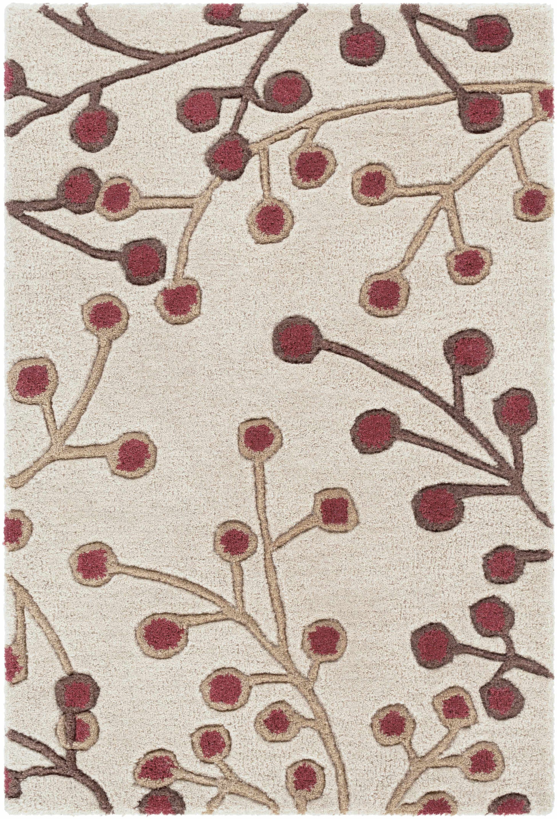 Beige Burgundy Modern Floral Wool Rug - 2’ x 3’ Rectangle - Boutique Rugs