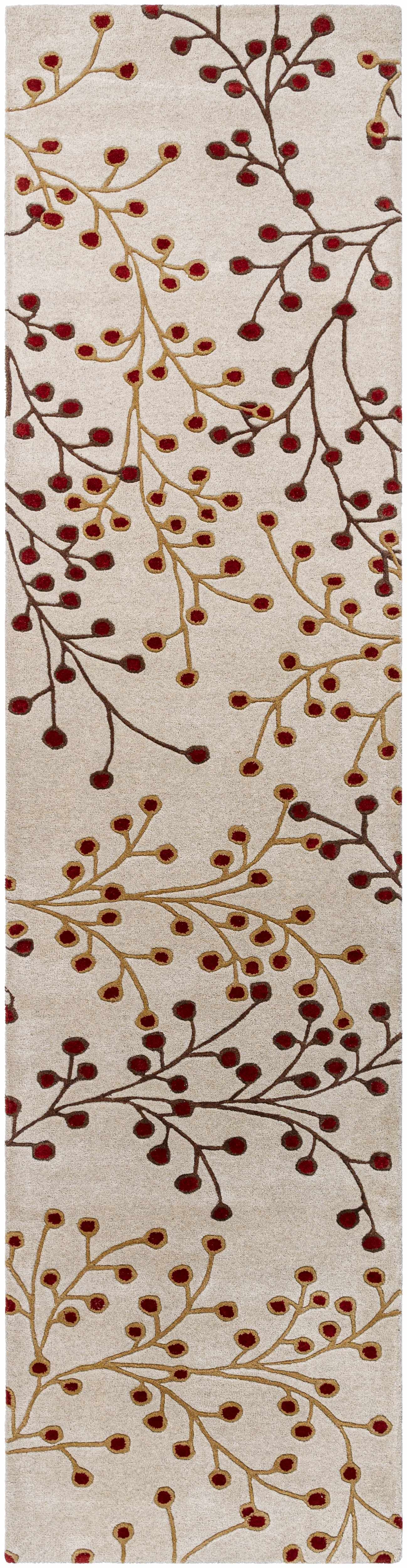 Beige Burgundy Modern Floral Wool Rug - 3’ x 12’ Runner - Boutique Rugs