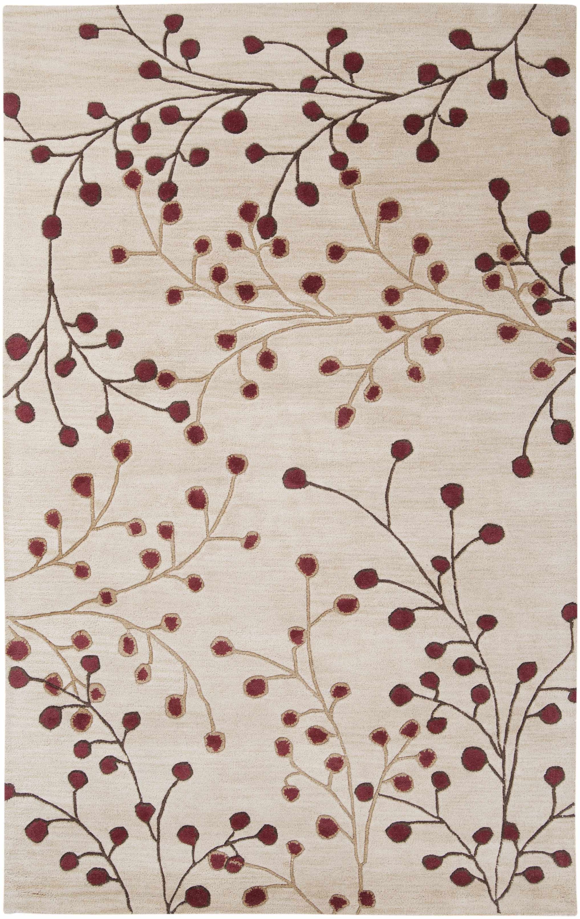 Beige Burgundy Modern Floral Wool Rug - 5’ x 8’ Rectangle - Boutique Rugs