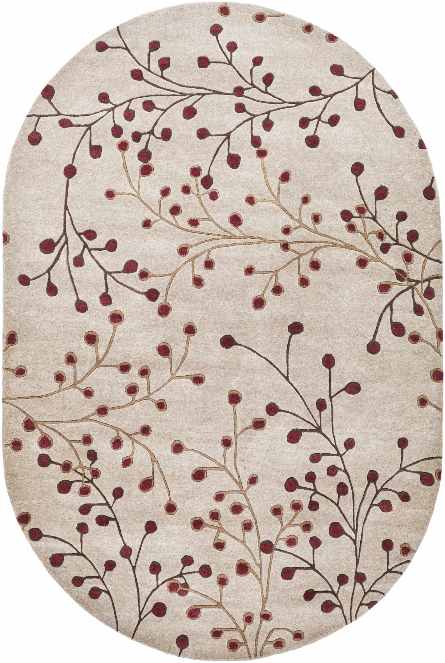 Beige Burgundy Modern Floral Wool Rug - 6’ x 9’ Oval - Boutique Rugs