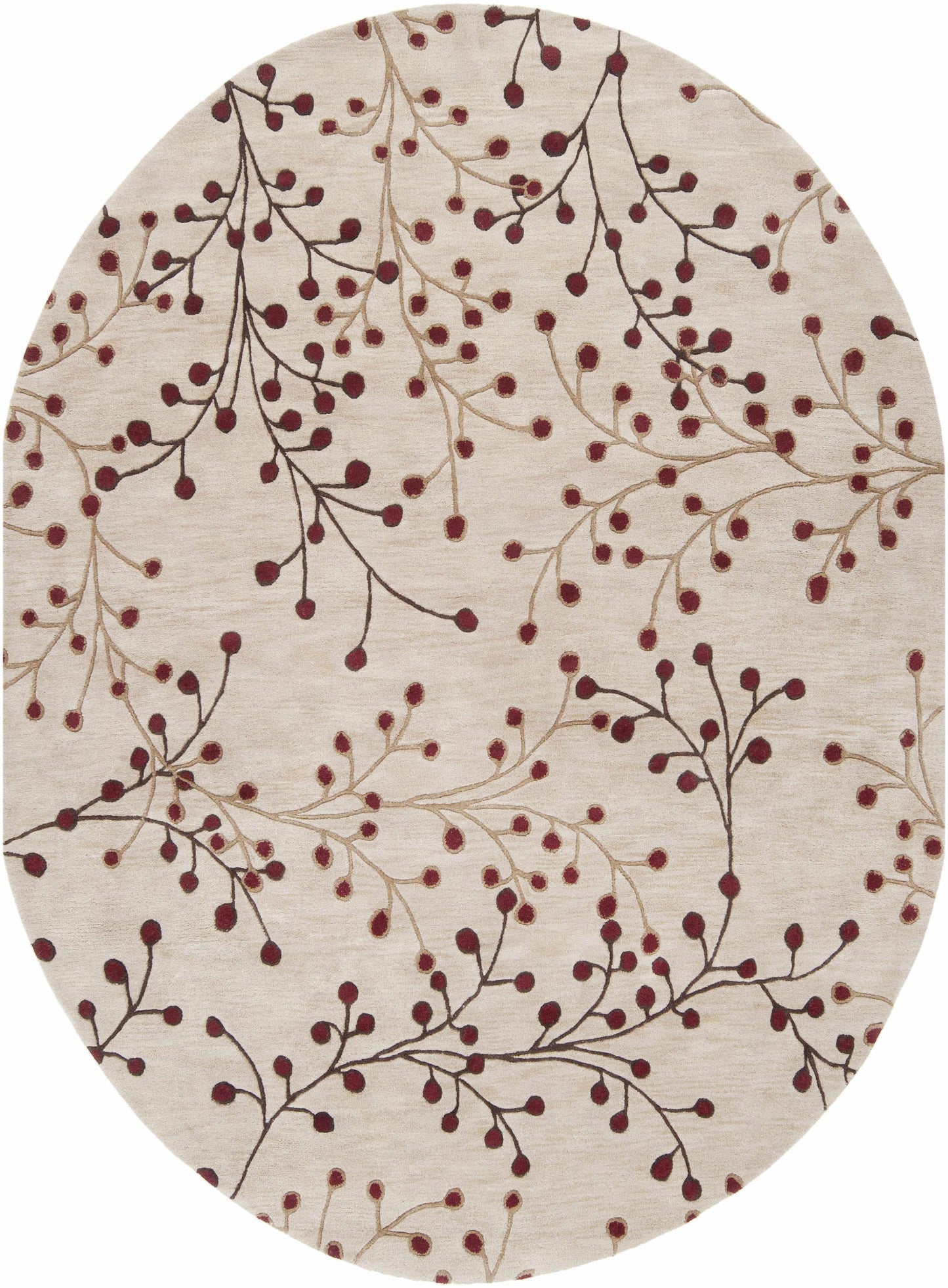 Beige Burgundy Modern Floral Wool Rug - 8’ x 10’ Oval - Boutique Rugs