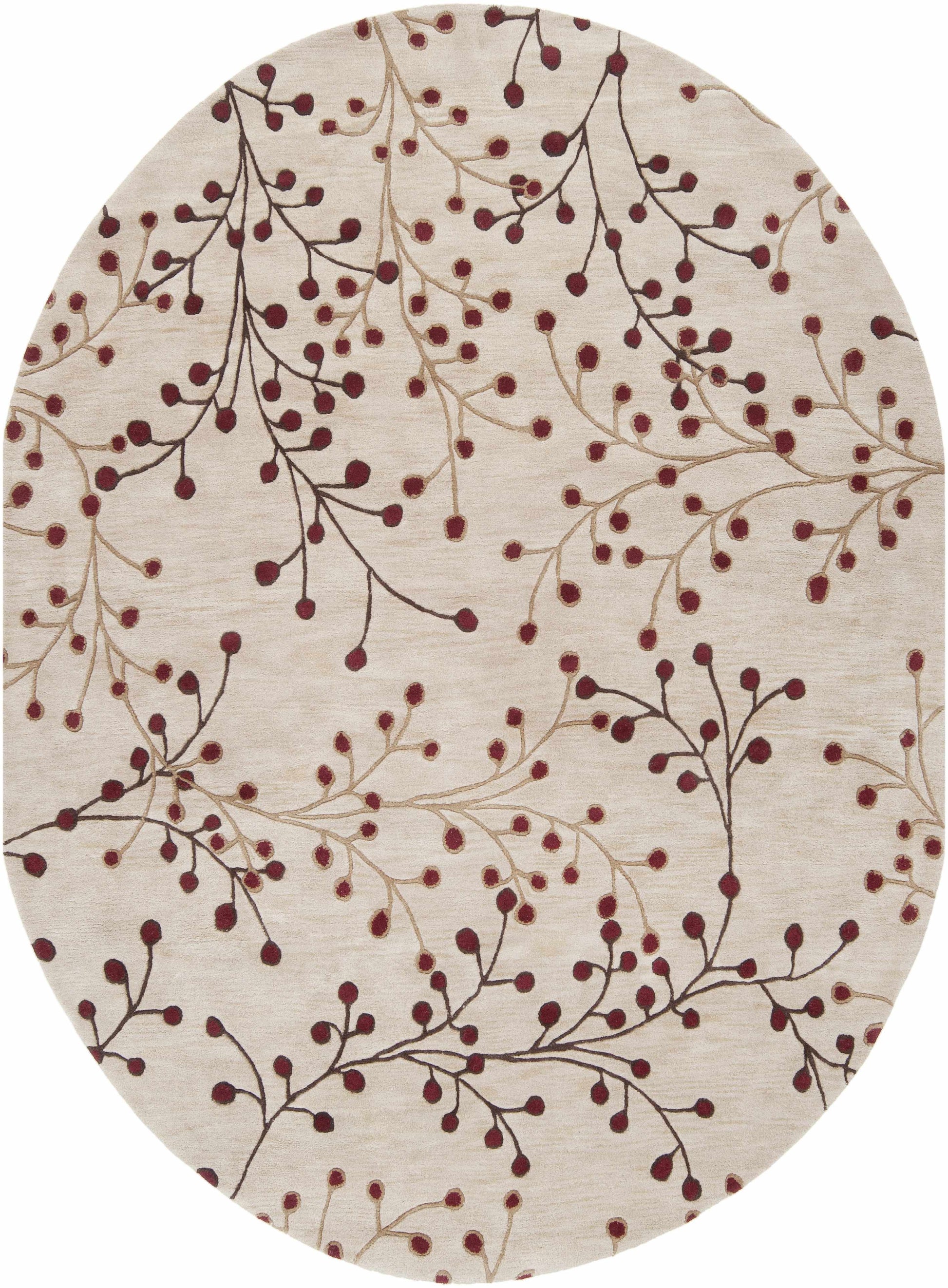 Beige Burgundy Modern Floral Wool Rug - 8’ x 10’ Oval - Boutique Rugs