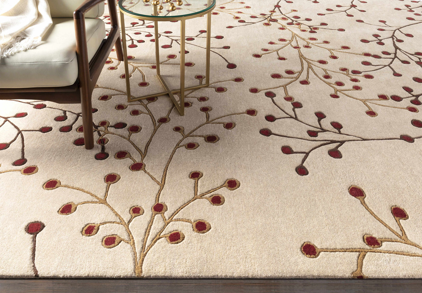 Beige Burgundy Modern Floral Wool Rug - Boutique Rugs