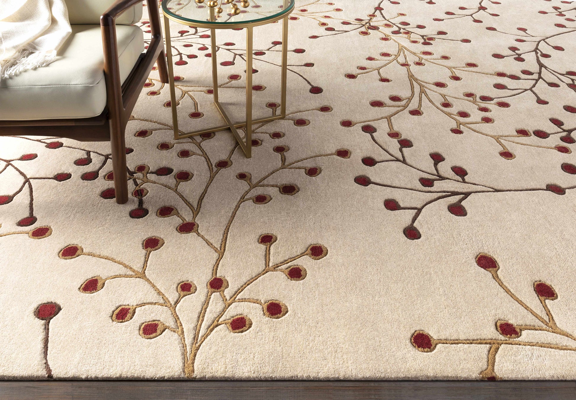 Beige Burgundy Modern Floral Wool Rug - Boutique Rugs