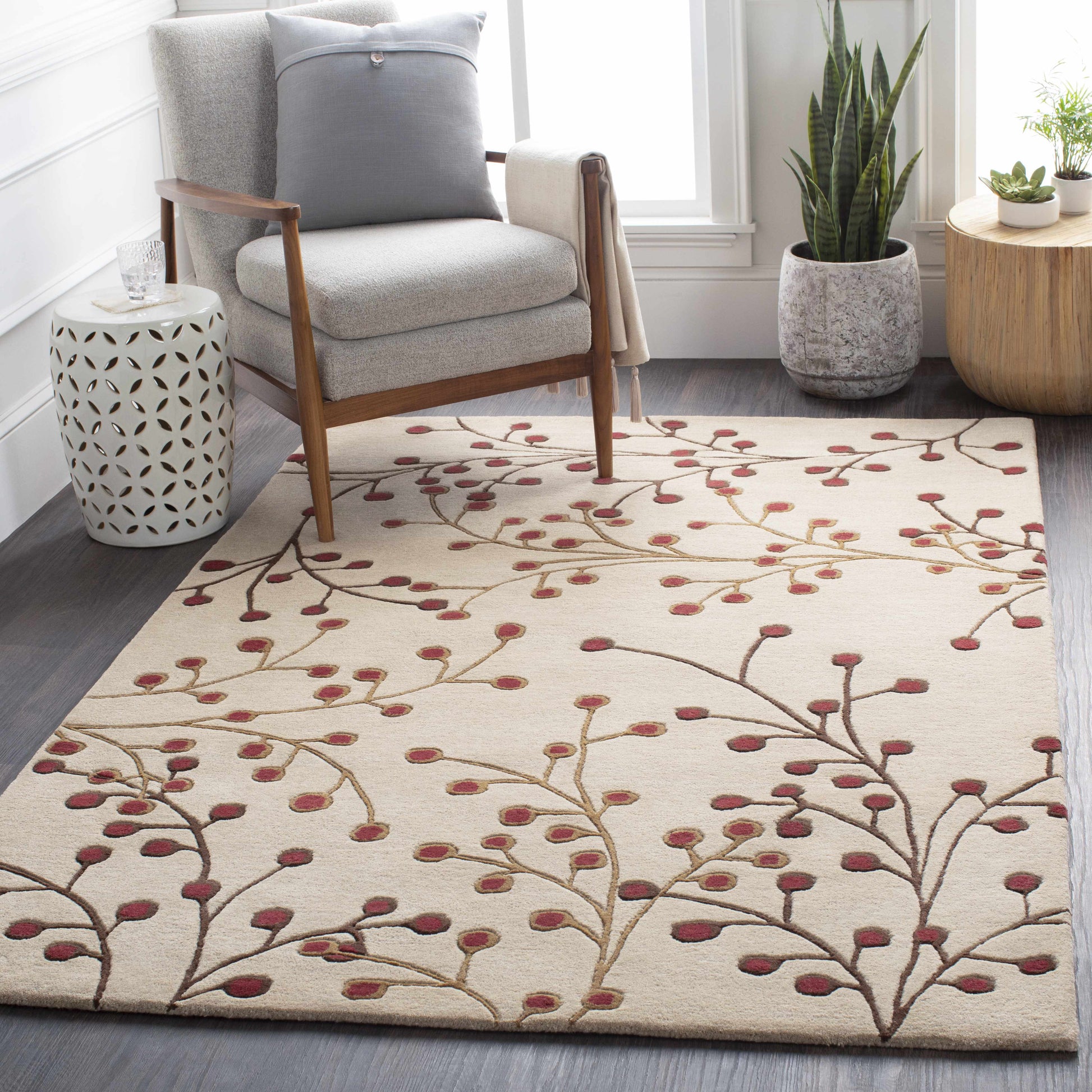 Beige Burgundy Modern Floral Wool Rug - Boutique Rugs