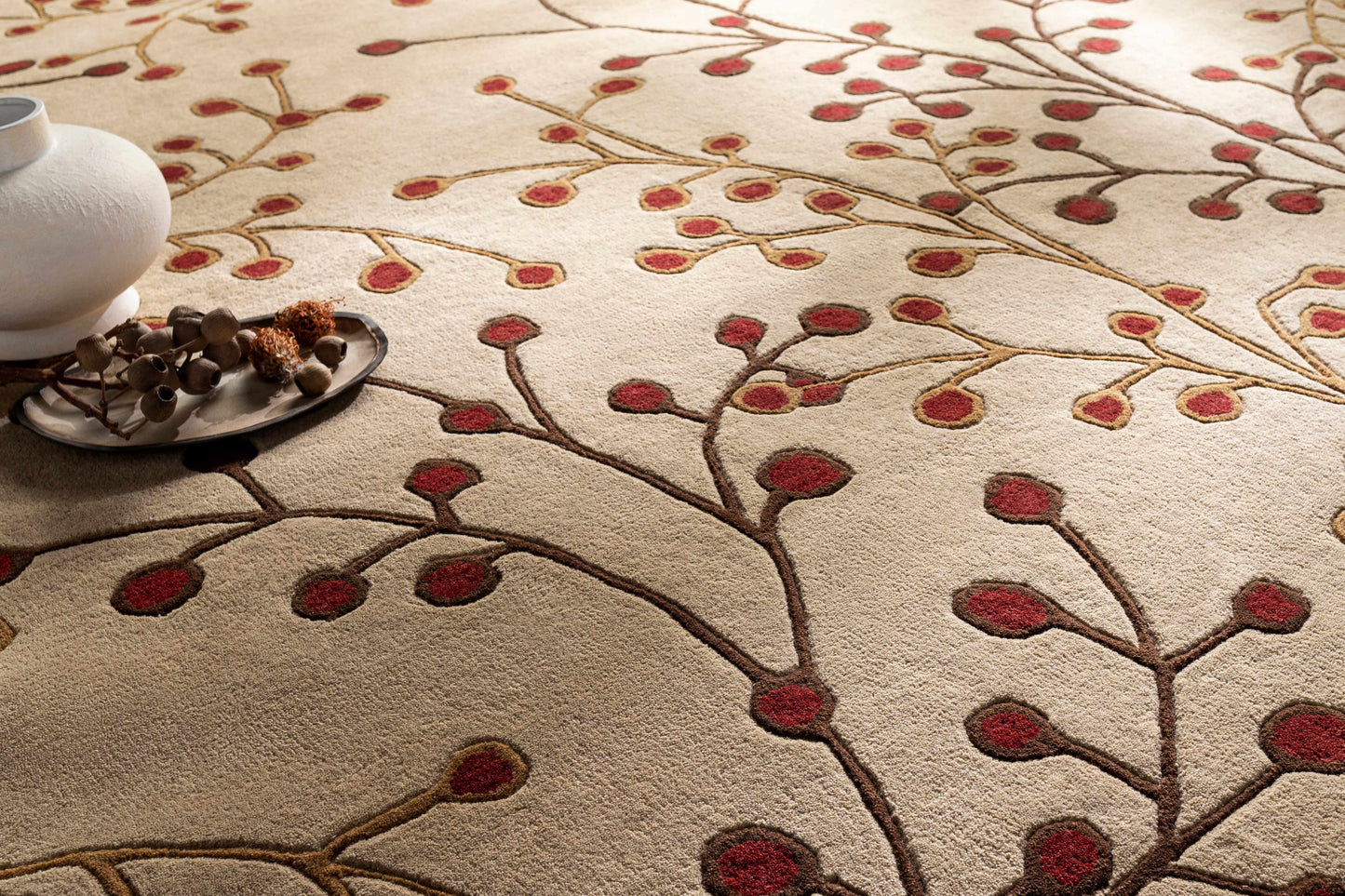 Beige Burgundy Modern Floral Wool Rug - Boutique Rugs