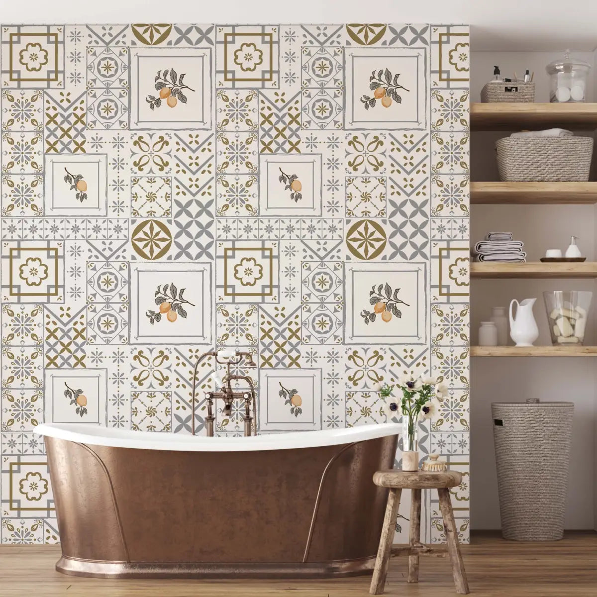 Meena Wallpaper - Lemons and Tiles - by The Bright Leaf Design - Loomwell Home Goods
